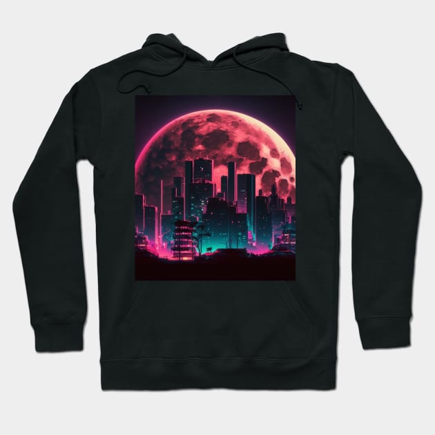 Moon In Synthwave Retrowave Aesthethic 80s City Hoodie by Nightarcade